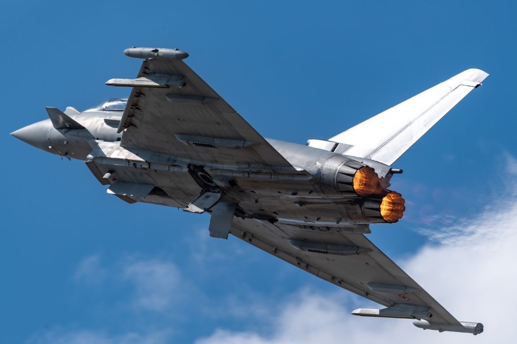Fighter jet climbing with afterburners against a blue sky