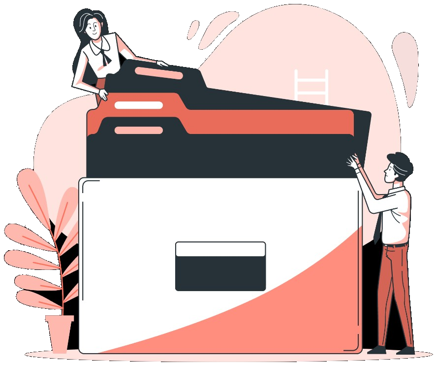 Illustration of people organizing quote and purchase order documents in a folder