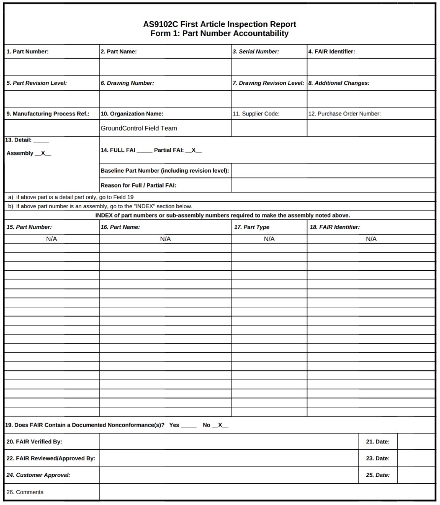AS9102C Form 1 Part Number Accountability template with numbered fields