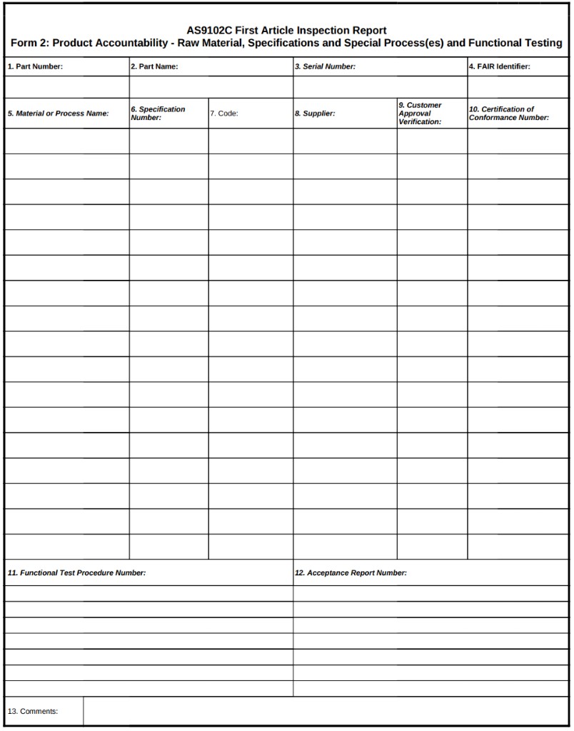 AS9102C Form 2 Product Accountability template for materials, special processes, and functional testing