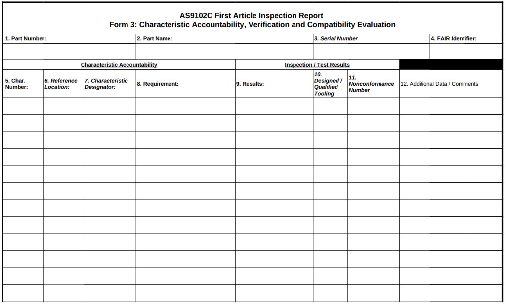 AS9102C Form 3 Characteristic Accountability template with characteristic and results columns