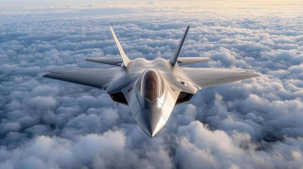 Fighter jet flying above a layer of clouds