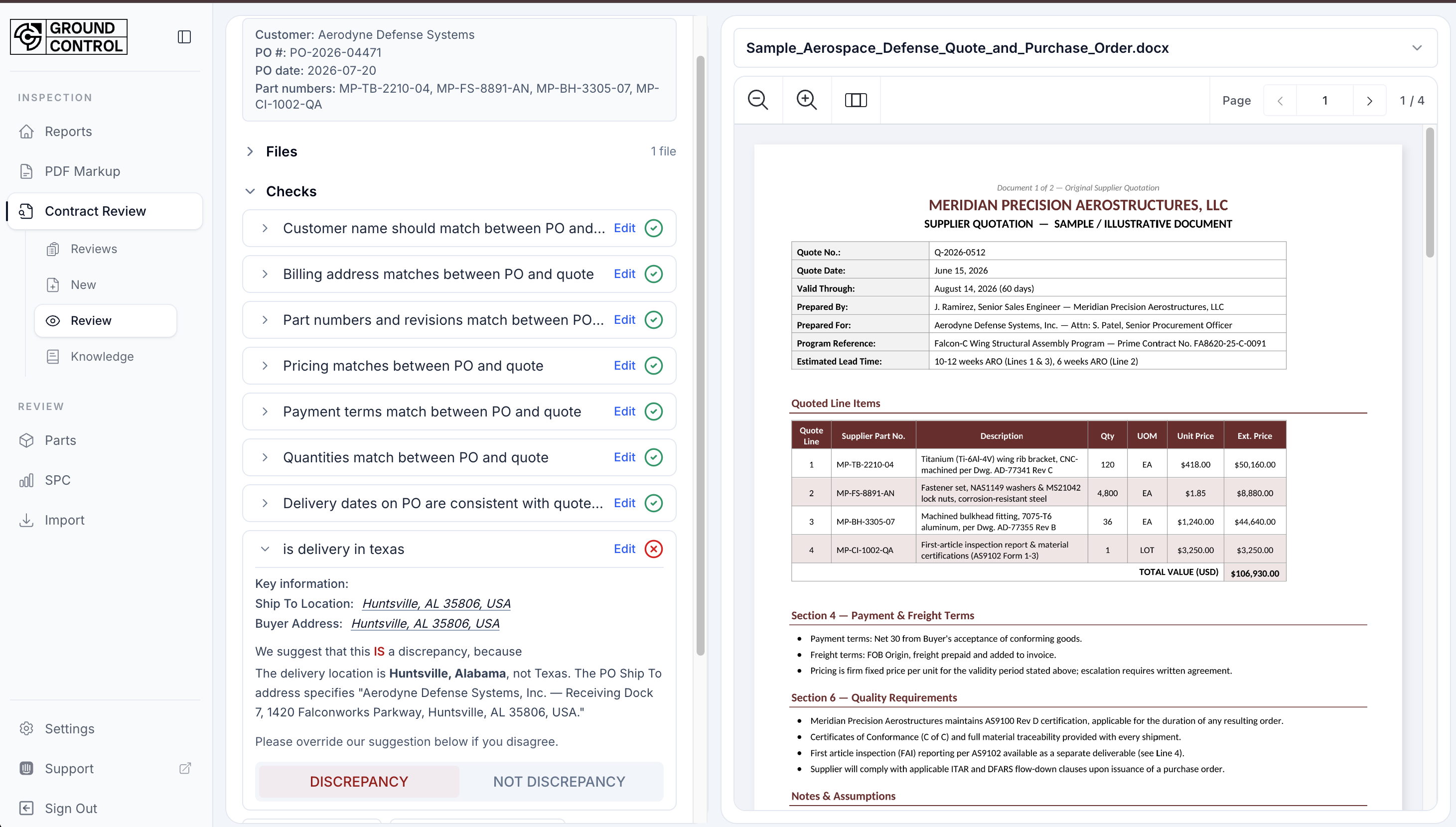 GroundControl PO Review comparing a purchase order and quote with flagged discrepancies
