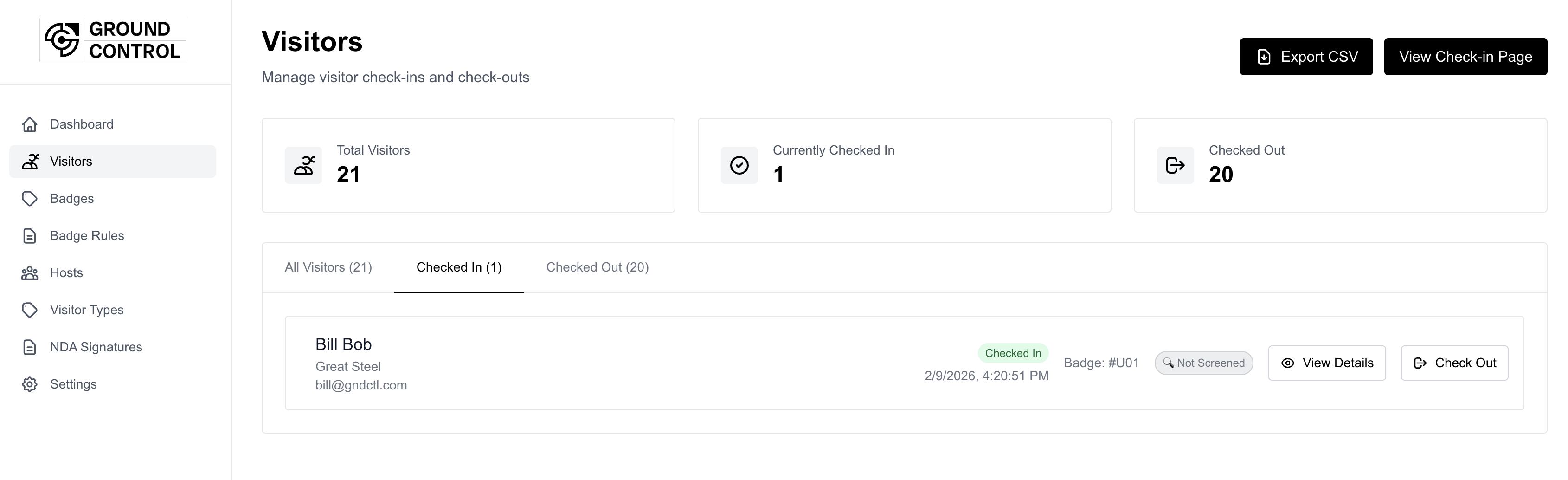GroundControl Visitors dashboard showing check-ins, check-outs, and visitor list